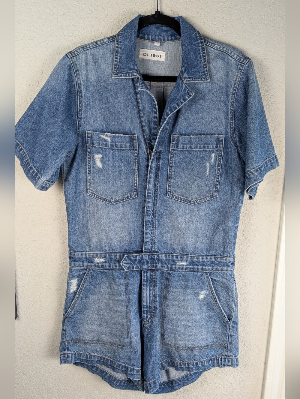 DL1961 Hannah Denim Overalls Romper L Cosmic Blue Distressed Short Sleeve Zip Up